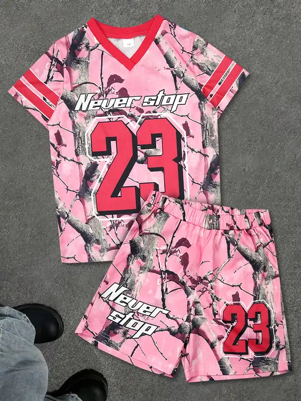 Ready STock Boys's Tracksuits Athletic 2 Piece Set Letter Branch Graphics Casual Tee Elastic Shorts Quick Dry Mesh Gym Sports...