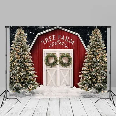 Christmas Tree Farm Snow Red Wooden Cabin Backdrop - Aperturee
