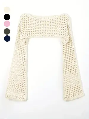 Women's Y2K Plain Hollow Out Flounce Sleeve Super Crop Cover Up, Casual Long Sleeve Boat Neck Knit Top for Daily Wear, Ladies...