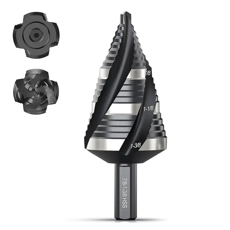 THINKWORK Four Spiral Flute Step Drill Bit, HSS Step Drill Bit3/16-1-3/8 (3 Popular Sizes) Unibit Step Drill Bit, 1/4\