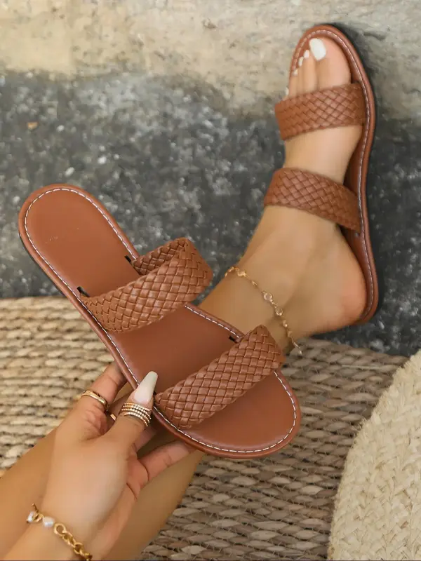 Women's Summer 2024 Fashionable Braid Double Band Design Plain Color Geometric Decor Slide Sandals, Casual Versatile Flat San...