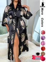 【Plus Size】 Halloween Print Belted Wrap Long Sleeve Loose Loungewear Robe, Women Long Sleeves Nightwear, Fall Lady Long L...
