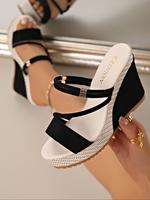 Women's Classy Ethnic Pattern Design Platform Black Sandals, Elegant Party Shoes, Stylish Comfortable Heeled Sandals for Dail...