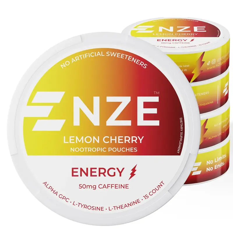 NZE Caffeine Nootropic Pouches (Lemon Cherry) - Energy Pouches with 50mg Caffeine, Alpha GPC, L-Tyrosine & L-Theanine No Suga...