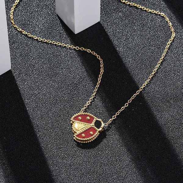 304 Stainless Steel Dark Red Enamel Ladybug Pendant Cable Chain Necklaces for Women