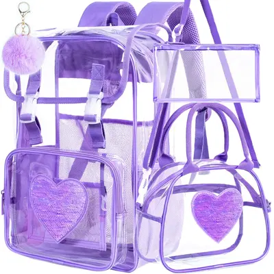 3PCS Clear Backpack, Heavy Duty Transparent Bookbag for Girls Women, Stadium Approved See Through Backpack Set (Purple Sequin...