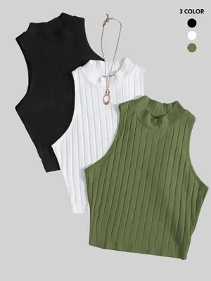 Women's Textured Mock Neck Crop Tank Top, Casual Sleeveless Ribbed Top, Summer Clothes Women for Daily Wear