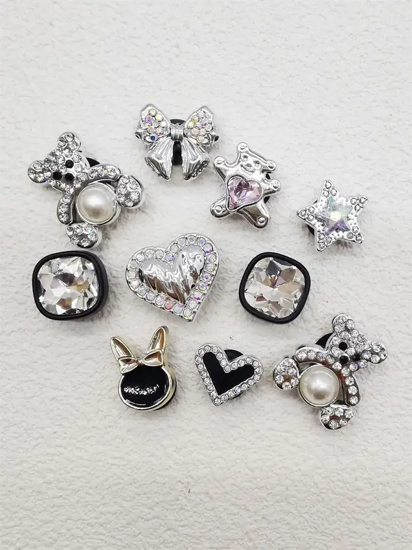 Cute Summer 2024 Rhinestone & Faux Pearl Decorated Shoe Charms, 10pcs Fashionable Heart Bear Rabbit Bow Shape Shoes Accessor...