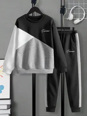 Two-Piece Set Boy's Letter Print Sweatshirt & Sweatpants Set, Casual Round Neck Long Sleeve Pullover & Jogger Pants for Sprin...