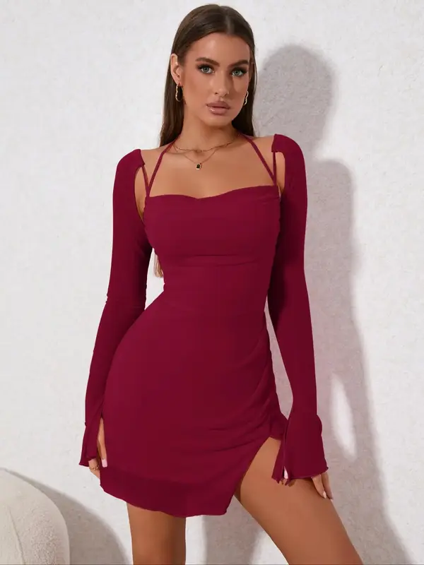Women's Long Sleeve Cowl Neck Tie Back Halter Split Bodycon Mini Dress, Back To School Outfits for Christmas, Valentine's Day...
