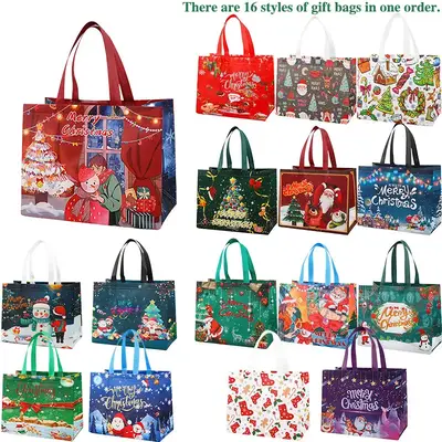 16PCS Christmas Gift Bags With Assorted Patterns. Reusable Non - Woven, Handle - Equipped. Ideal For New Year & Christmas Dec...