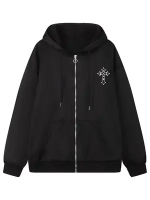 Men's Cross & Rose Print Drawstring Pocket Zip Up Essentials Hoodie, Regular Fit Punk Long Sleeve Hooded Sweatshirt, Men's Cl...