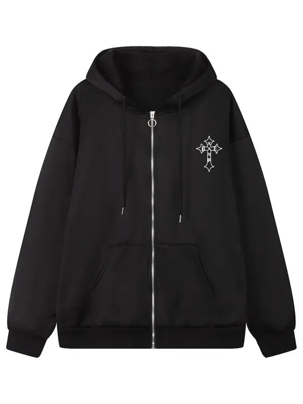 Men's Cross & Rose Print Drawstring Pocket Zip Up Essentials Hoodie, Regular Fit Punk Long Sleeve Hooded Sweatshirt, Men's Cl...