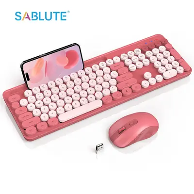 SABLUTE KC281 Retro Cute Wireless Keyboard & Mouse Set (non-bluetooth), Round Keycaps + Phone Holder! Soft Click, 2.4GHz Cord...