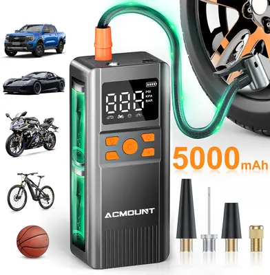 【INSTANT TIRE FIX ANYWHERE】ACMOUNT Portable Air Pump, 150PSI Turbo Inflation! 5000mAh Rechargeable, Digital Gauge, USB-C ...