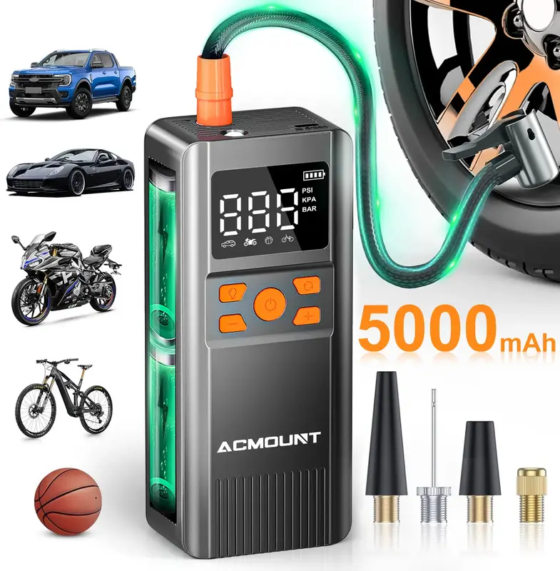 【INSTANT TIRE FIX ANYWHERE】ACMOUNT Portable Air Pump, 150PSI Turbo Inflation! 5000mAh Rechargeable, Digital Gauge, USB-C ...