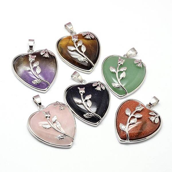 Heart with Flower Platinum Plated Brass Natural & Synthetic Mixed Stone Pendants