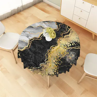 Black Gold Grey Marble Abstract Round Tablecloth - Aperturee