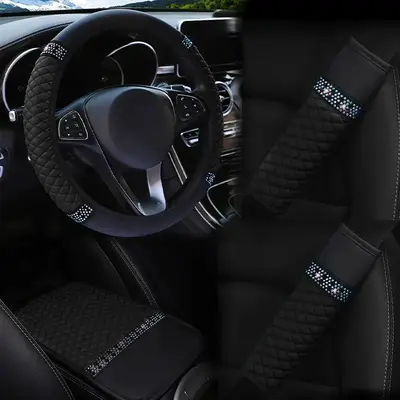 Car Interior Decorations, Including 1 Car Steering Wheel Cover & 2 Seat Belt Shoulder Pad & 1 Center Console Mat, Car Decorat...