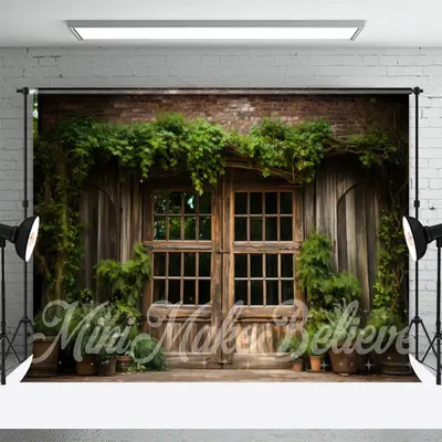 Wooden Foor Birck Wall Green Climber Spring Backdrop - Aperturee