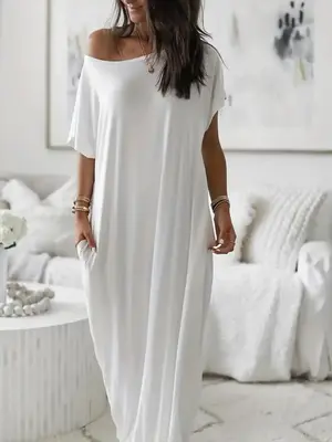Women's Solid Color Batwing Sleeve Lounge Dress, Casual Comfy Short Sleeve Nightdress for Daily Wear, Ladies Sleepwear for Al...