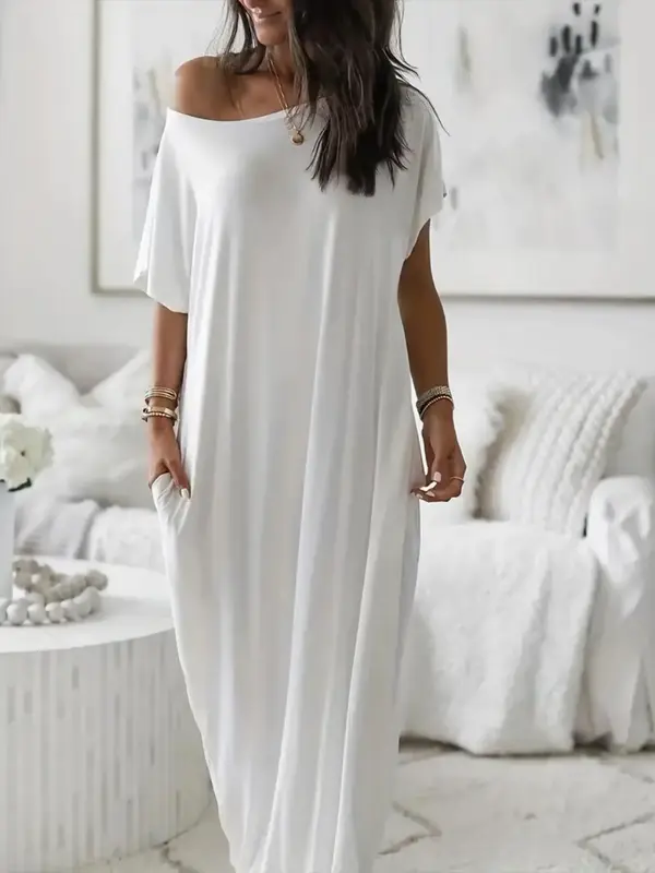 Women's Solid Color Batwing Sleeve Lounge Dress, Casual Comfy Short Sleeve Nightdress for Daily Wear, Ladies Sleepwear for Al...