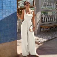 OQQfitness Womenswear Casual Loose Overalls Lady Jumpsuits Sleeveless High Waist Wide Leg Long Nylon Pant Rompers