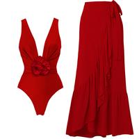 Aprilake women's Plunge V Neck Solid 3D Flower Ruched One Piece Swimsuit and Sarong