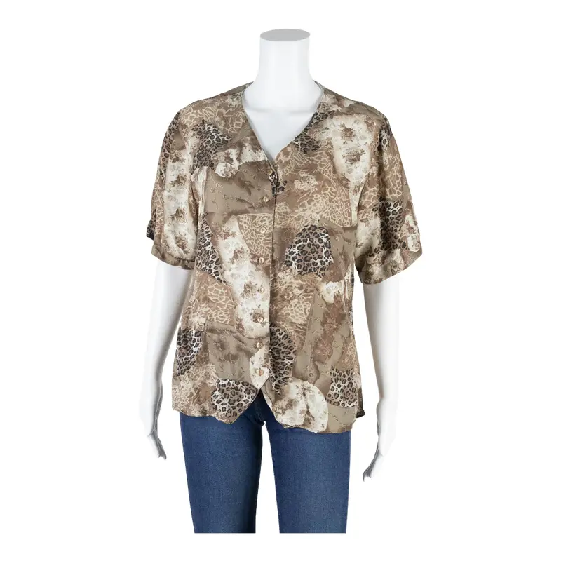 STUNT COLLECTIONS Button-Up Brown V-Neck Silk Animal Print Short Sleeve Womens L