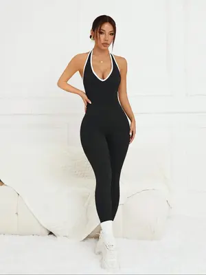 Women's Solid Color Contrast Trim Halter Neck  Sports Bodysuit, Slim-fitting Casual Sporty Breathable Comfortable Ruched Back...