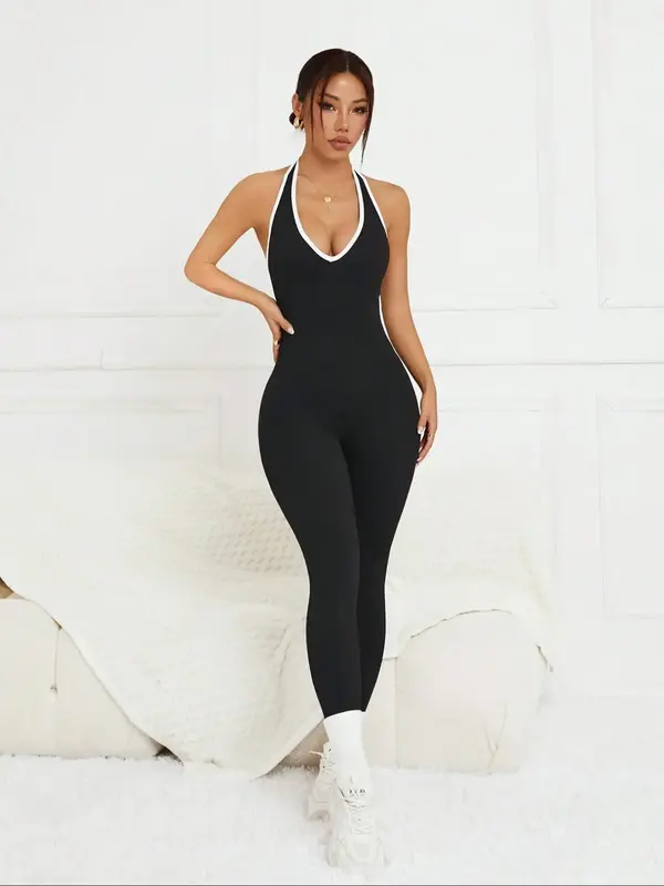 Women's Solid Color Contrast Trim Halter Neck  Sports Bodysuit, Slim-fitting Casual Sporty Breathable Comfortable Ruched Back...