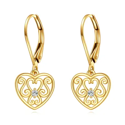 14K Gold Personalized Birthstone Flowers Heart Lever-back Earrings for Women
