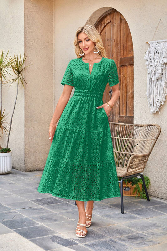 Womens 2025 Summer Maxi Dress Short Sleeve V Neck Hollow Out Eyelet A Line Long Flowy Beach Vacation Dresses
