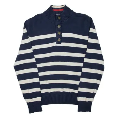 TOMMY HILFIGER Mens Patterned Jumper Blue Striped Button Neck Tight Knit M