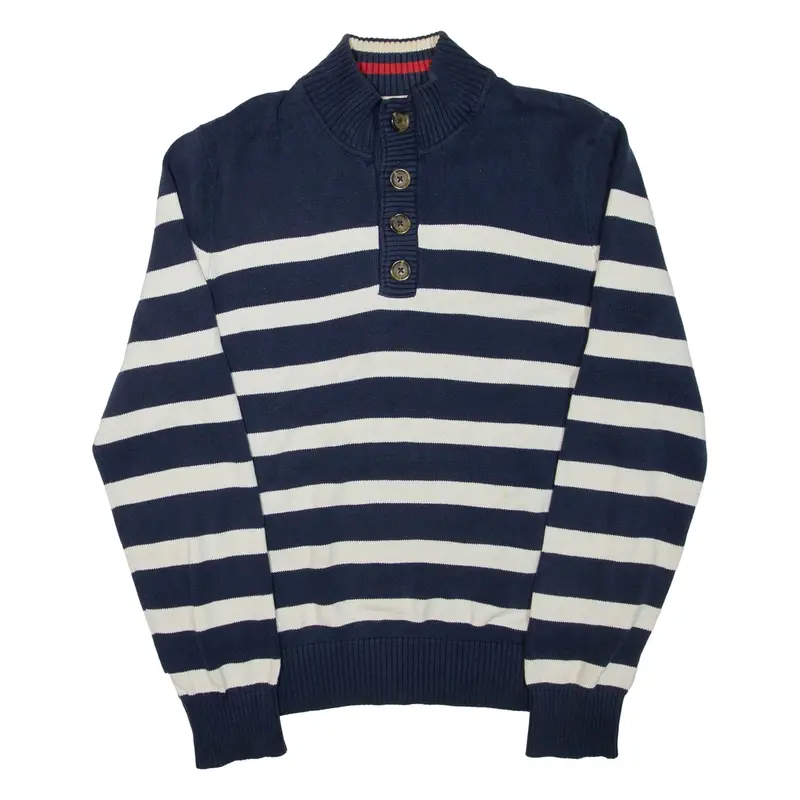 TOMMY HILFIGER Mens Patterned Jumper Blue Striped Button Neck Tight Knit M