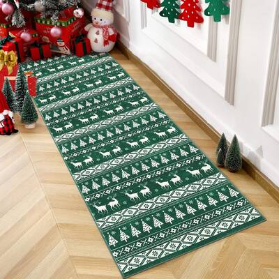 Garvee Christmas Hallway Runner Rug 2x6 Non-Slip Low Pile Washable Rubber Backing Festive Geometric Pattern Bedroom Living Ro...