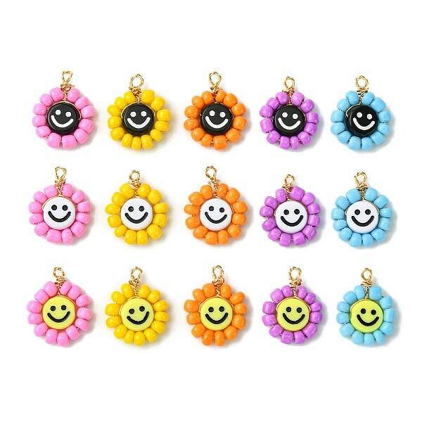 15 Pcs Acrylic Glass Seed Beaded Pendants