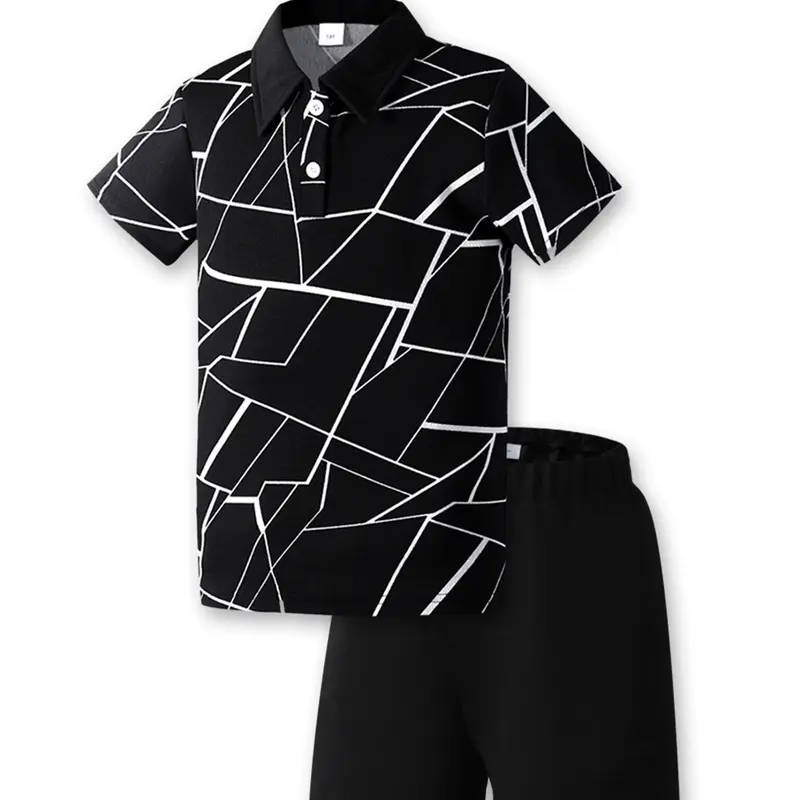 Ready Stock 7-15Y Kid Boys Clothes Geographical Printing Summer Turn-down Collar Shirt Elastic Shorts 2Pcs Outfits Set Black ...