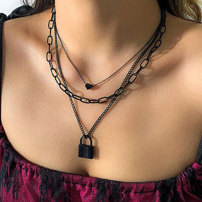 Punk Style Alloy 3 Layer Lock Pendant Necklaces for Women