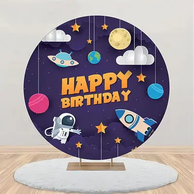 Space Craft Planet Star Moon Round Birthday Backdrop - Aperturee