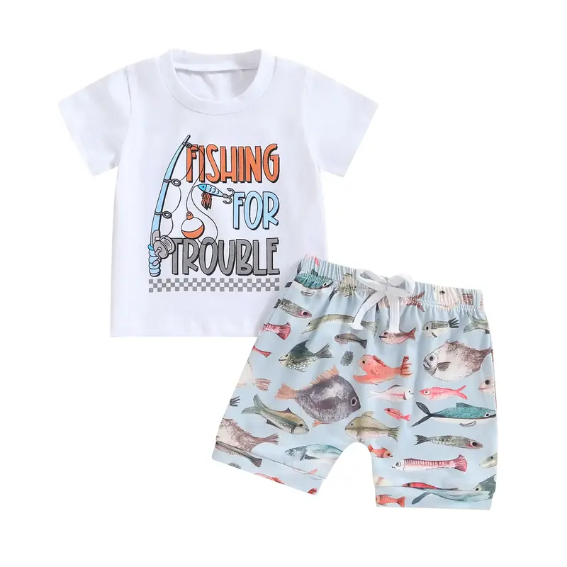 Toddler Baby Boy Summer Clothes Short Sleeve Letter T-shirt Top Fish Print Shorts Set Fishing Outfit