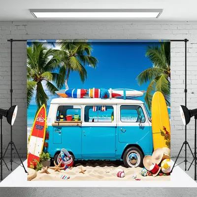Blue Holiday Bus Surfboard Beach Summer Backdrop - Aperturee