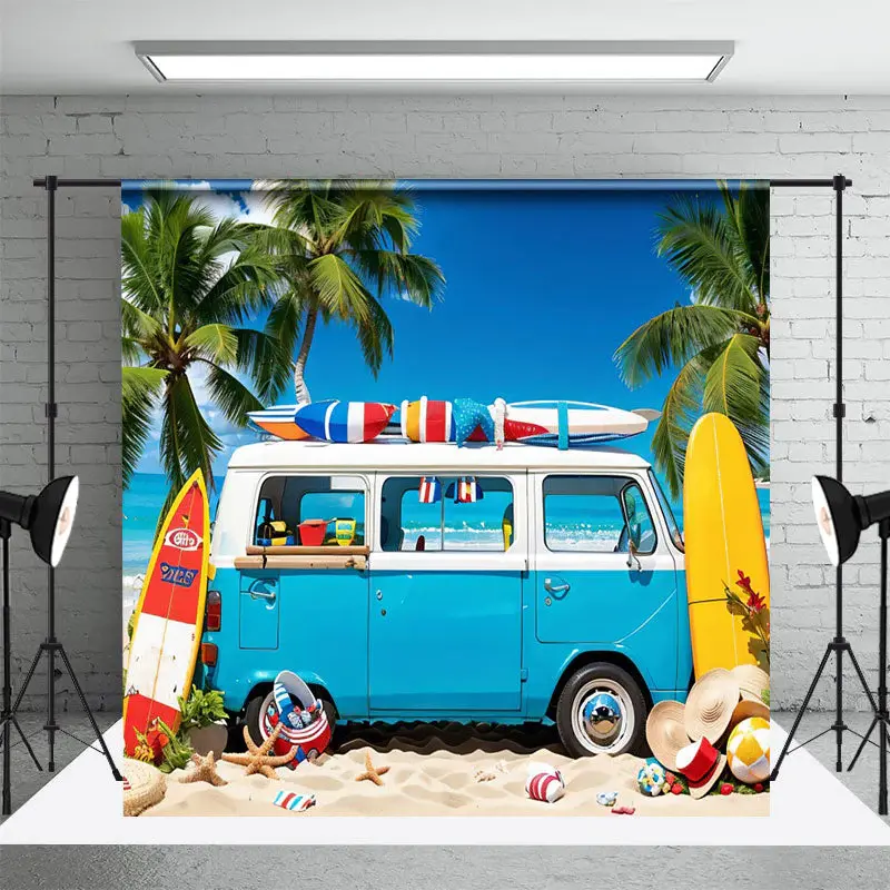 Blue Holiday Bus Surfboard Beach Summer Backdrop - Aperturee