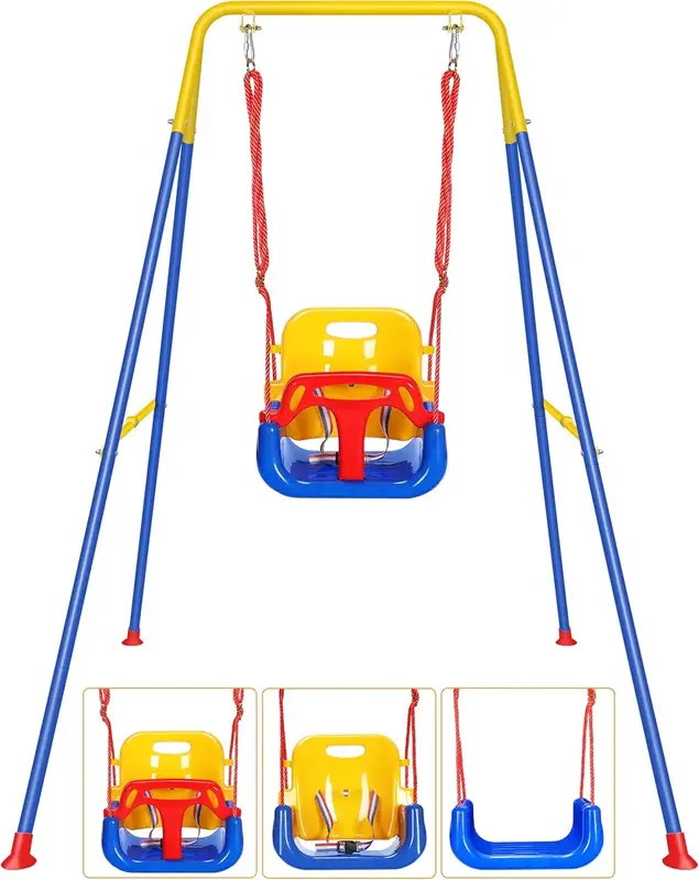 3-in-1 Baby Toddler Swing with 4 Sandbags, Toddler Swing for Outdoor/Indoor Backyard Play, Kids Swing Set with a Foldable Met...