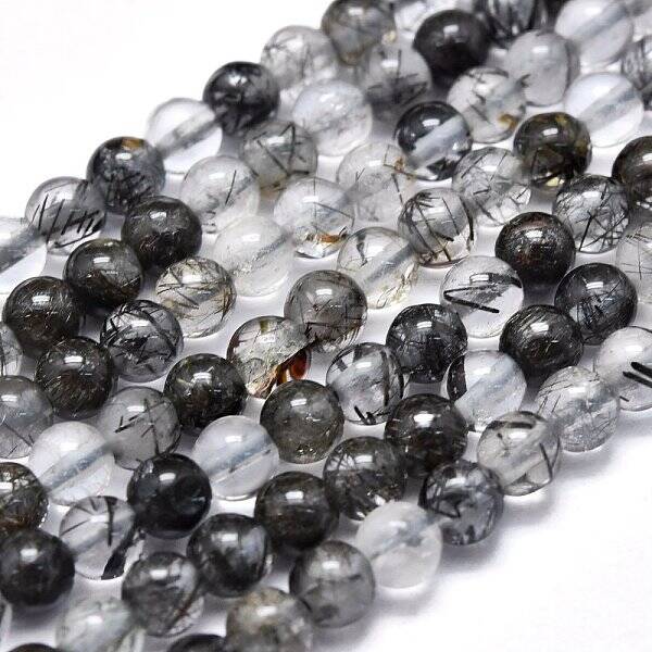 Natural Tourmalinated Quartz/Black Rutilated Quartz Beads Strands