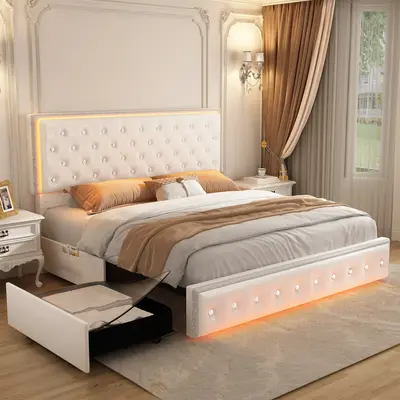Sibeds Queen Size Bed Frame with Storage Shelf, Storage Drawers and LED Lights, Upholstered Platform Bed with Adjustable Head...