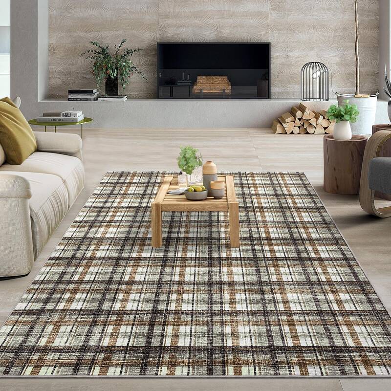 Garvee Green & Coffee 5x7 Washable Area Rugs for Living Room Modern Non Slip Throw Rugs Soft Bedroom Rug Non Shedding Low Pil...