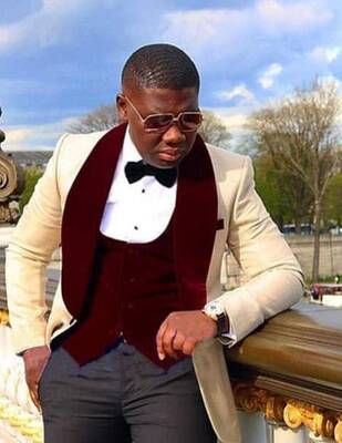 Ivory And Burgundy Tuxedo  - Side Vented - 2 Button Suit