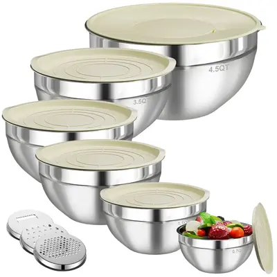 Mixing Bowls with Lids Set, 6 PCS Stainless Steel Mixing Bowls with 3 Grater Attachments, Kitchen Food Storage Organizers Nes...