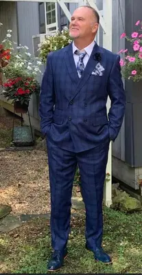 Double Breasted Slim Fit Suit - Indigo Blue Plaid Suit - Saphire Color